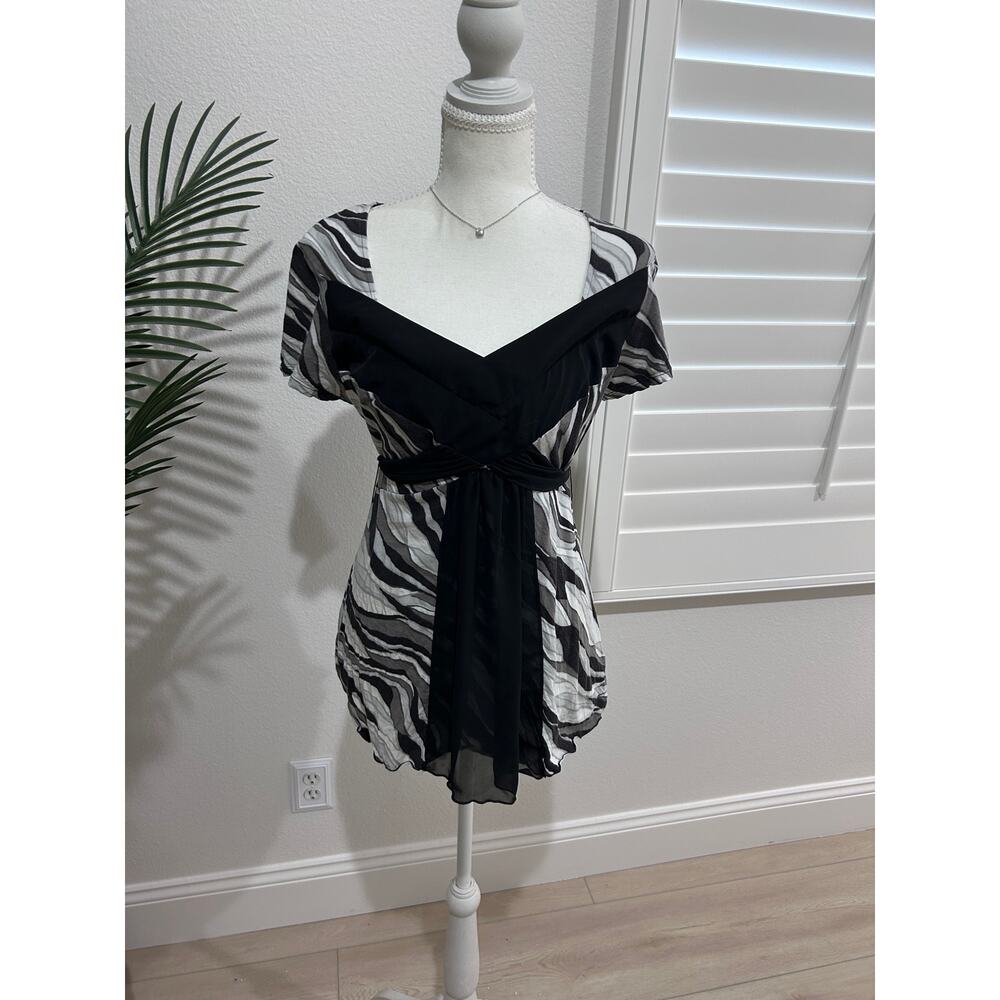 Mix It Stretch Black White V Neck Top Large Cotton Blend Layered Sash Blouse